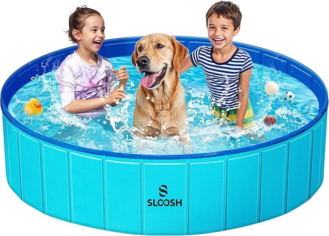 SLOOSH Foldable Dog Kiddie Pool - Portable Hard Plastic Doggie Swimming Pool, Anti-Slip Collapsible Pets Bath Tub Suitable for Kids Toddler Indoor Outdoor Backyard Use (Blue, 63" x 12")