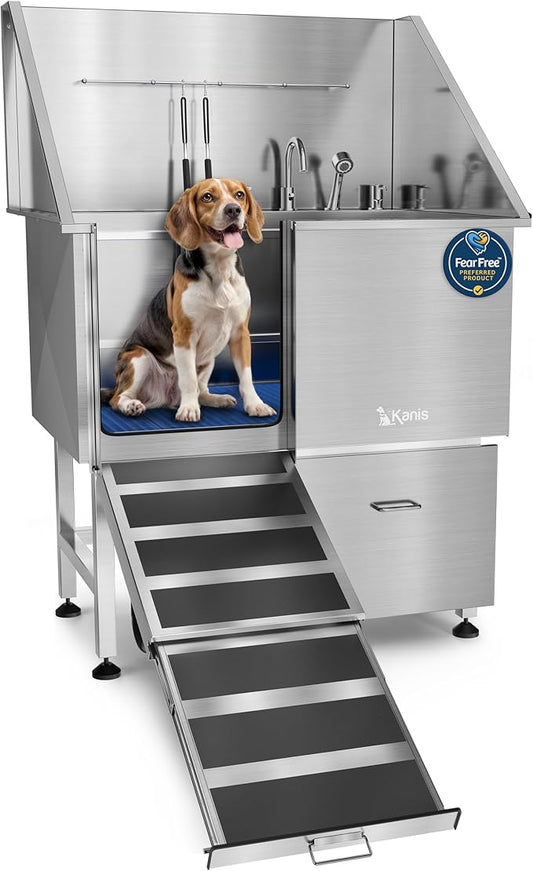 KANIS Professional Dog Washing Station - 304 Stainless Steel Pet Wash Sink & Grooming Bathtub w/Shower, Floor Grates and Storage for Large, Medium & Small Pets (40", 1 Drawer - Left Ramp)