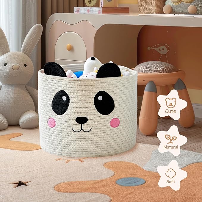OMERAI Cotton Rope Storage Basket with Panda Design, 15"D x 12.6"H, Portable, Foldable, Multifunctional Laundry Basket