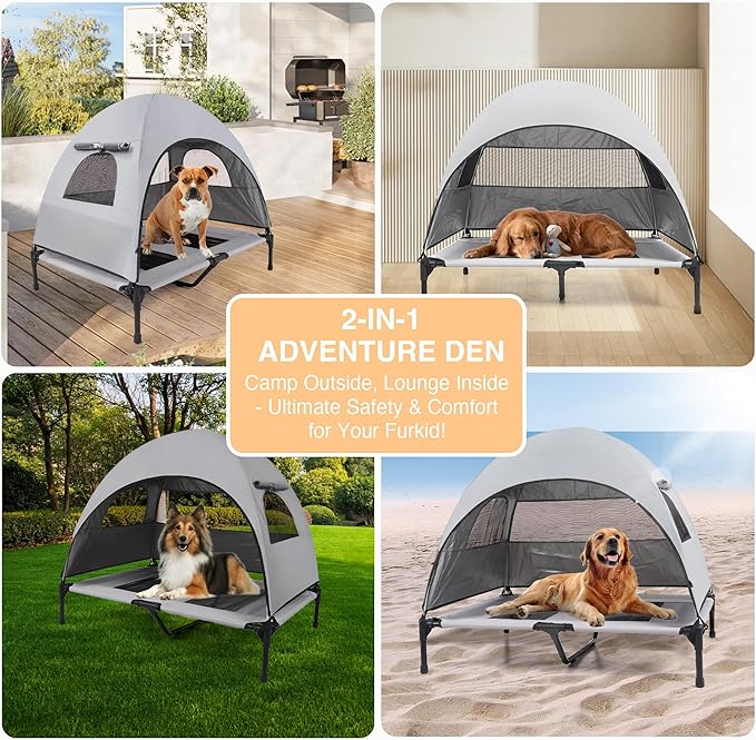 Elevated Outdoor Dog Bed with Canopy – Cooling Camping Tent, Removable Shade, Off-Ground Cot, Medium