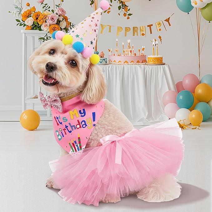 FunMular Dog Birthday Party Supplies Pink Dog Birthday Hat with Numbers Bandana Bow Tie Banner and Tutu Skirt for Small Medium Dogs Pets