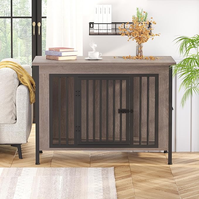 EasyCom Dog Crate Furniture for 1 or 2 Dogs, Heavy Duty Single/Double Dog Crates for Small/Medium/Large Dogs, Dog Kennel Furniture Indoor as TV Stand, Large Size 39.96" L(35-60 Pounds), Oak Grey