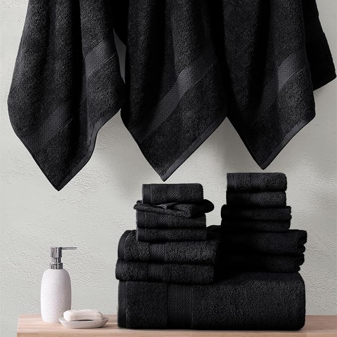 LANE LINEN 100% Cotton Luxury Towel Set for Bathroom - 16 Pieces, Ring Spun - Super Plush, Very Soft & Absorbent - 4 Bath Towels, 8 Washcloths, 4 Hand Towels - Suitable for All Skin Types - Black