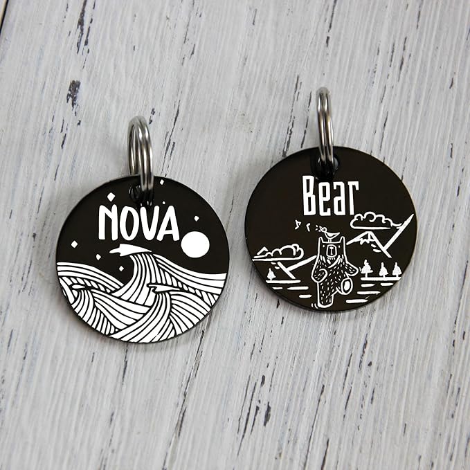MYXGY Pet ID Tags, Customized Dog Name Tags, Personalized Cat Tags, Round Black Custom Stainless Steel, Engraved on Both Sides for Pets, White Laser Engraving Dog Collar Tag (Round)
