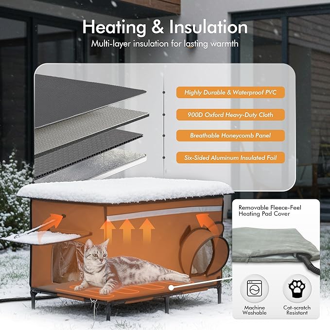 Heated Outdoor cat House for Outside, Weatherproof Insulated Feral Cat Shelter with Timer-Temp Control Heating Pad in Winter, Large Elevated Outdoor Cat House with Zipper, 2 Doors, Safety- Deep Brown