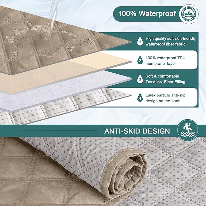 Ruaozz Waterproof Recliner Sofa Cover 1-Piece Couch Covers for Reclining Couches Reclining Sofa Cover Washable Furniture Protector with Elastic Straps Pocket for Kids, Pets (Khaki, XL 2 Seater)