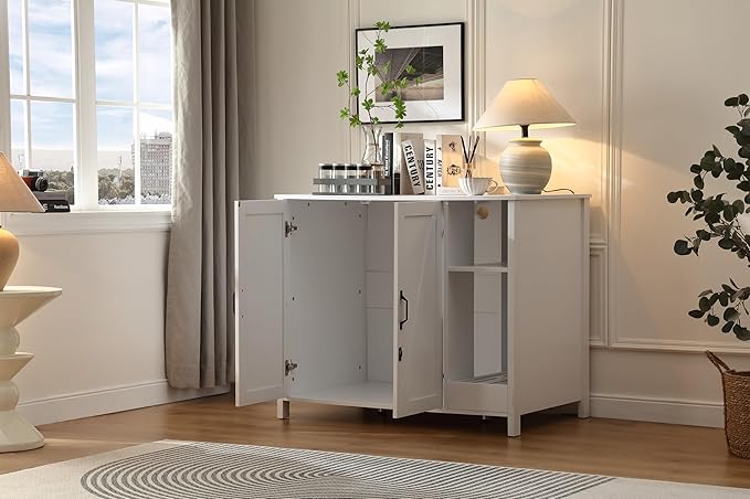 Large Cat Litter Enclosure with Litter Collector, Enclosure for self-Cleaning Litter Boxes,Adjustable Shelf for Dog Proof,Charging Station,Locks Added for cat,Cat House,Cloud White