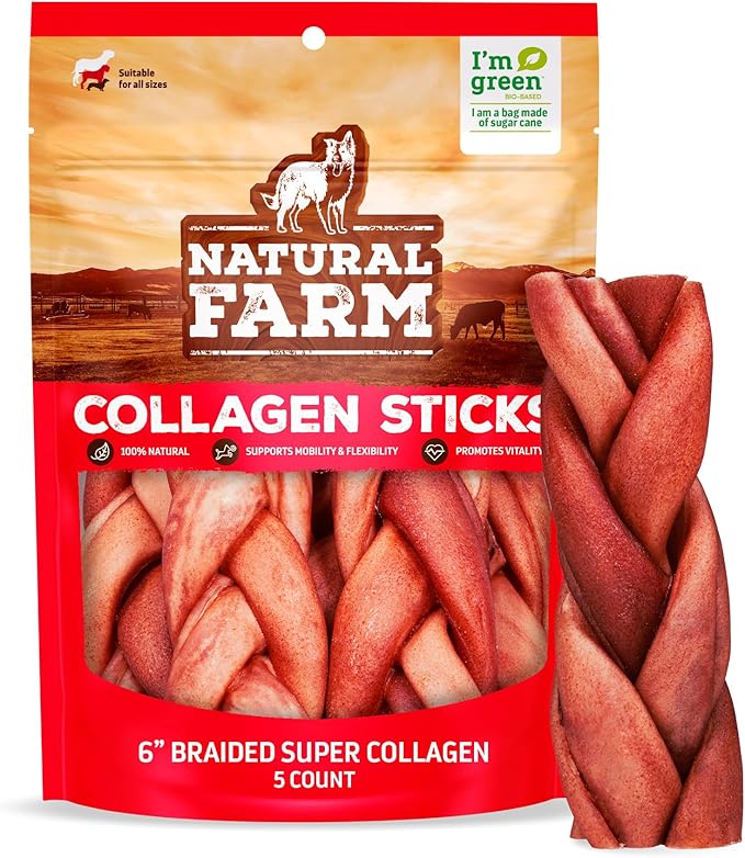 Natural Farm Odor-Free Super Braided Collagen Dog Chews (6-Inch, 5-Pack) First Ever Real Bull Sticks Alternative, 100% Natural Angus Hide Collagen Treats- More Protein More Chew Time for All Dogs