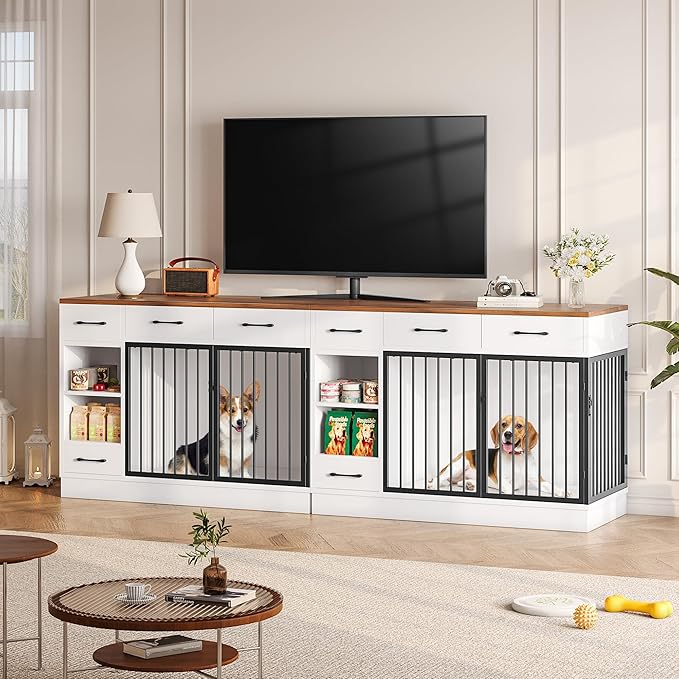 Large Dog Crate Furniture, 47.2'' Dog Kennel Indoor with 3 Storage Drawers and Hidden Feeding Bowl, Sturdy Wooden Dog Crate with 2 Doors and Adjustable Shelf for Small, Medium Dogs