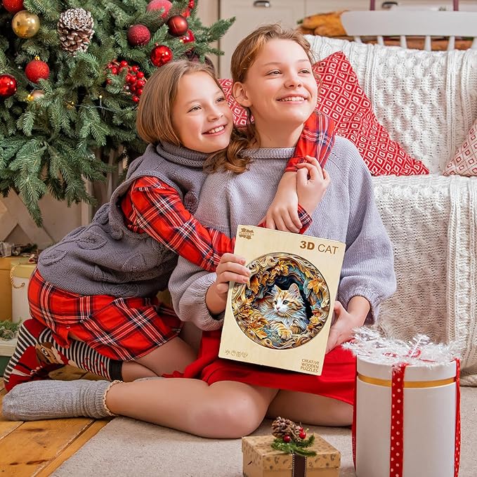 Wooden Puzzles for Adults - Unique Animal Shaped Cat Puzzle, 3D Vision Wooden Jigsaw Puzzle, Christmas Birthday Gifts for Friends/Family, Home Decor 8.5 * 8.5in 100pcs