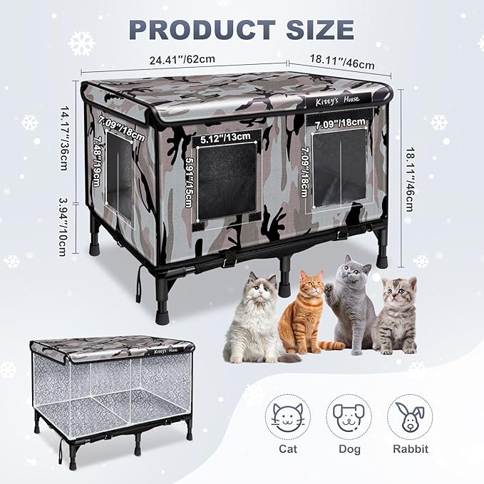 Outdoor Cat House for Ferals （Unheated） - 24''x18''x18'' Weatherproof Waterproof Cat Shelter with Rain Coat, Cozy All-Weather Protection for Stray & Outdoor Cats in Winter