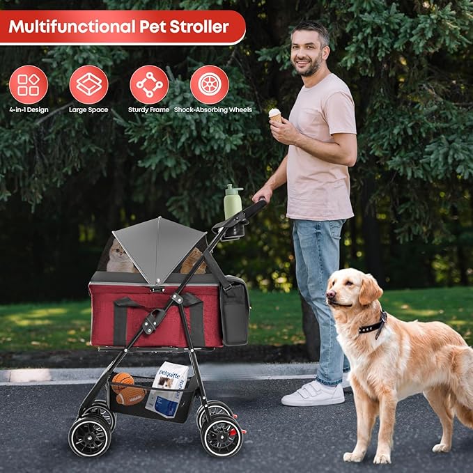 2-in-1 Foldable Pet Stroller with Canopy, 4 Wheels Pet Strolling Cart for Small/Medium Dogs and Cats with Removable Carrier,Breathable Mesh,Mom Tote Bag,Cup Holders,Easy Assembly,Grey+Red