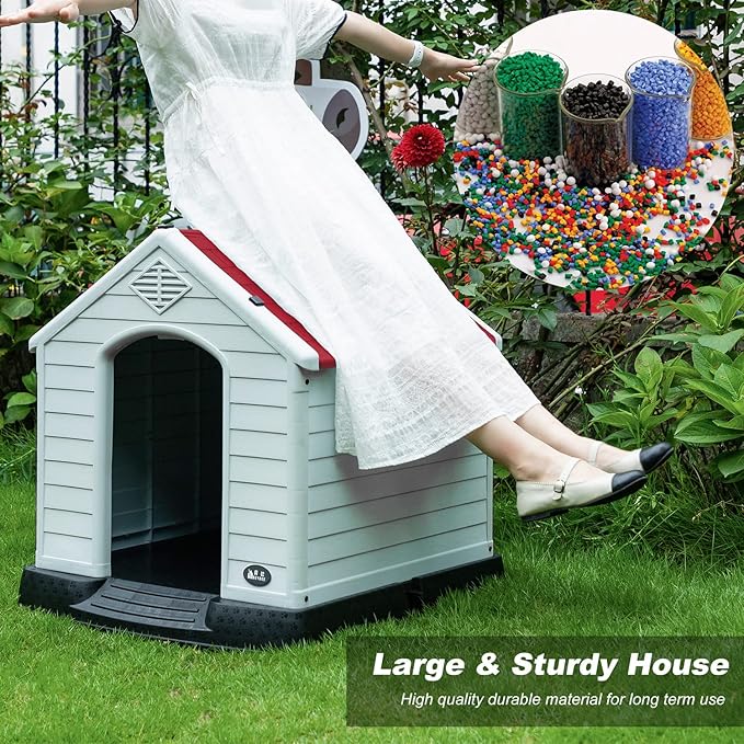 FDW Dog House Indoor Outdoor Durable Ventilate Waterproof Pet Plastic Dog House for Small Medium Large Dogs Insulated Puppy Shelter Kennel Crate with Air Vents and Elevated Floor