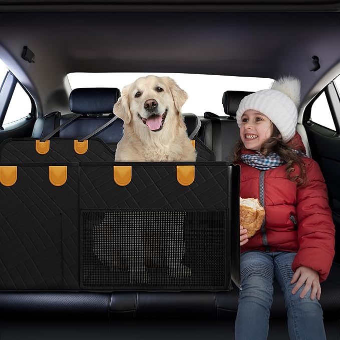 Back Seat Extender for Dogs Hard Bottom Foam - Sturdy Dog Hammock for Car Hard Bottom Car Seat Cover for Dogs with Seatbelt, Carrying Bag, Hair Remover- Dog Backseat Cover SUV, Car, Truck