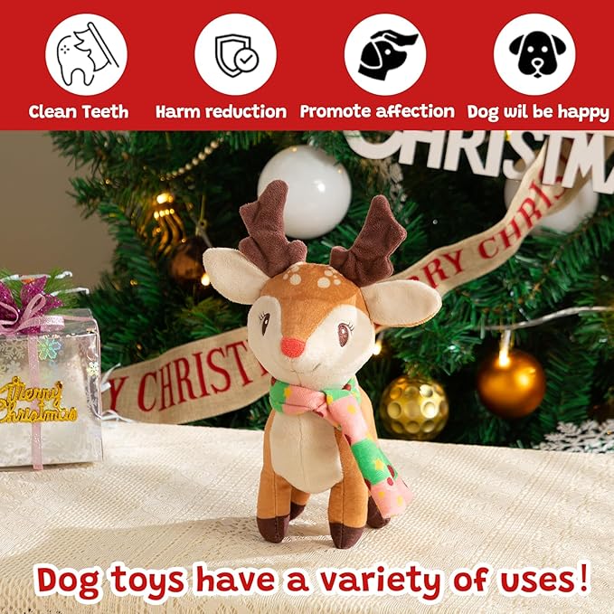 Hollypet Christmas Squeaky Plush Stuffed Durable Dog Toys, Cute Puppy Chew Toys for Small, Medium and Large Breed Dogs, Standing Elk