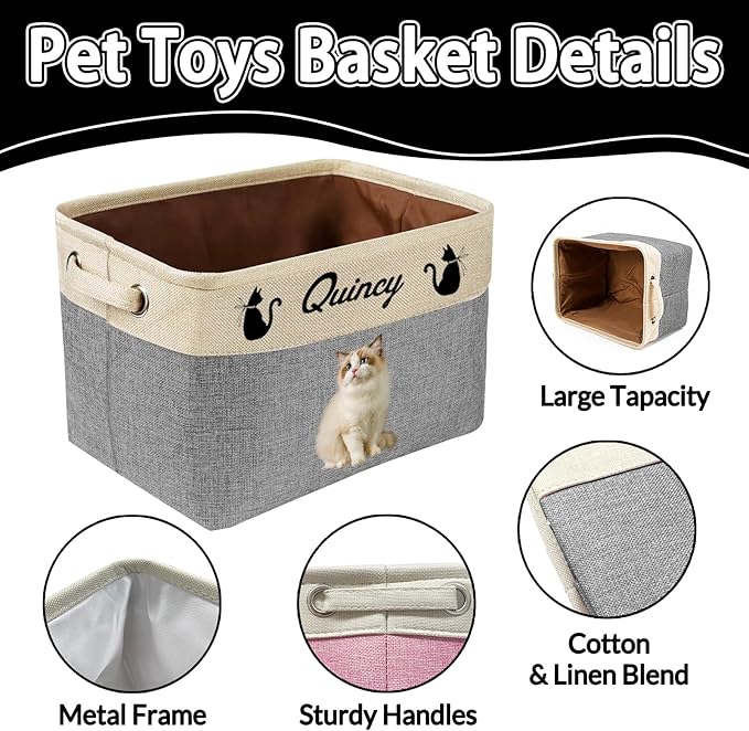 Personalized Dog Toy Storage Basket Custom Dog Name Photo Cat Pet's Gift Baskets Collapsible Organizer Box Foldable Storage Basket with Handle for Toys, Coats, Clothing, Blankets, Grey