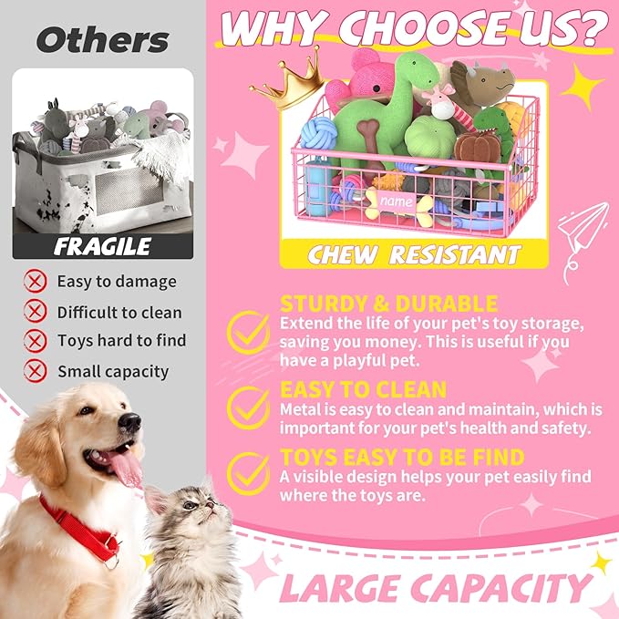 Indestructible Dog Toy basket, Small Toy Box for Dogs, Pet Toy Bin Dog Metal Basket for Toys, Toy Storage Organizer,Dog Toy Box for Living Room Area(Pink)