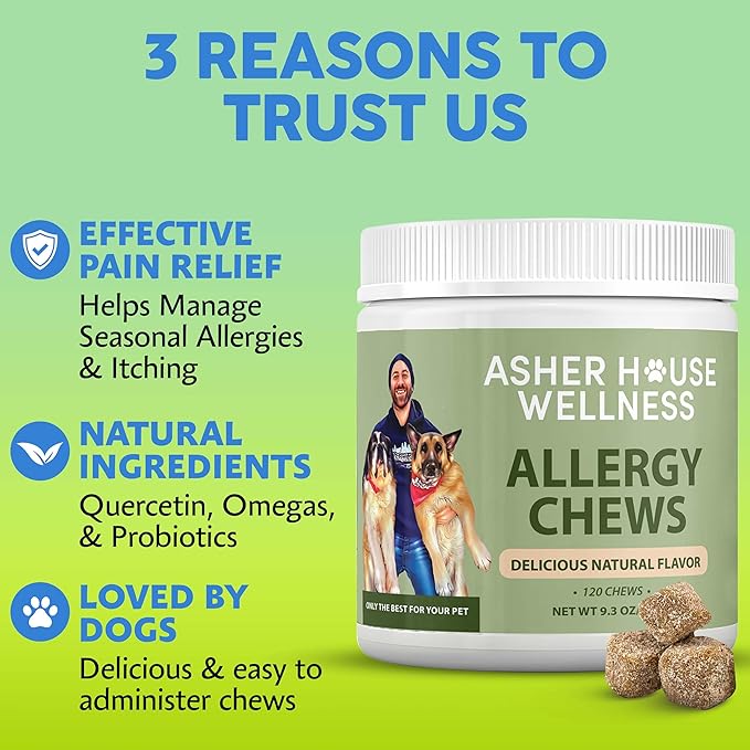 Asher House Wellness Dog Allergy Chews - All-Natural Itchy Skin Relief for Dogs with Bee Pollen, Colostrum - Licking Paw Treatment, Allergy Medicine for Dogs Over 12 Weeks, 120 Chews