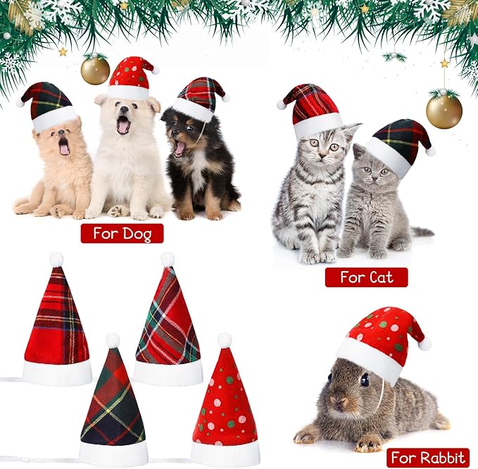 Svee 8 Pieces Christmas Santa Hats for Dog Cat with Adjustable Chin Strap Holiday Party Cute Costumes for Puppy Kitten Small Dogs and Cats Winter Party Dress up Props Supplies Gifts(Plaid)