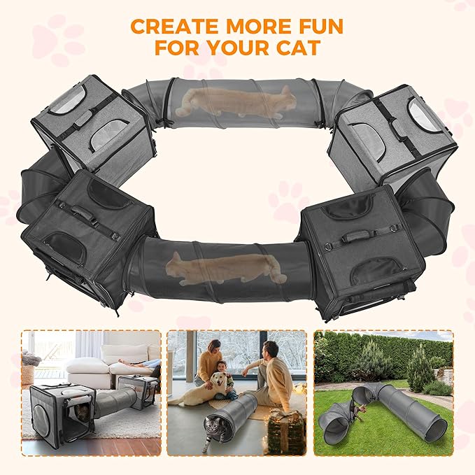 PETUX 2-in-1 Double Cat Carrier for Multiple Cats - 34"x17"x17", Portable, Foldable, Large Cat Travel Carrier with Litter Box, Play Tunnels and Hammock for Car Travel ＆ Vet Visit - Grey