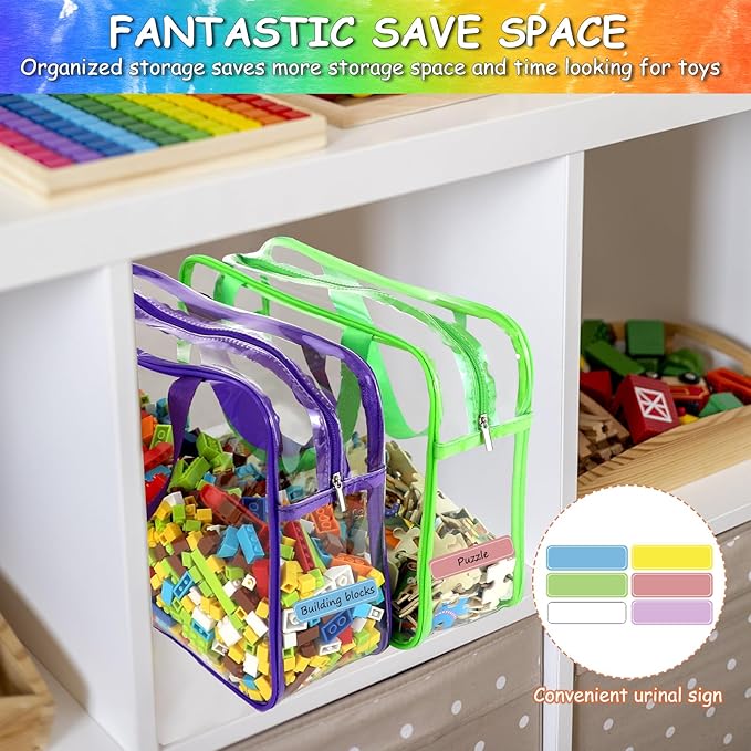 6 Color Large Toy Storage Bags with Labels, Reusable Clear PVC Board Game Storage, Travel Waterproof Organizer Bags with Zipper for Building Blocks, Puzzle, Kids Books