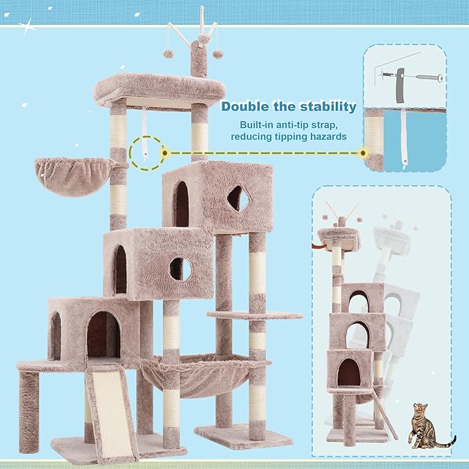 Hey-brother Cat Tree Tower, Scratching Posts with 3 Condos, Large Basket, Cozy Bed, Sisal Board, Step-by-Step Climbing Pathway and Toys, 74.8 inches Furniture for Big Indoor Cats, Muchroom MPJ081MU