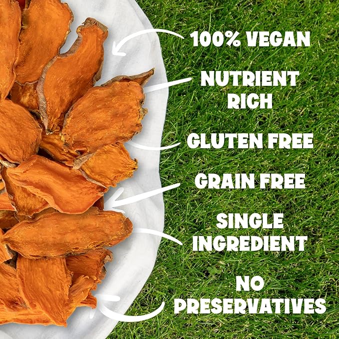 Sweet Potato Dog Treats, Healthy Dental Treats, Dehydrated Vegan Chews, High Fiber Gluten Free, Vegetarian Pet Food for Training and Teeth Cleaning for Canines 16oz