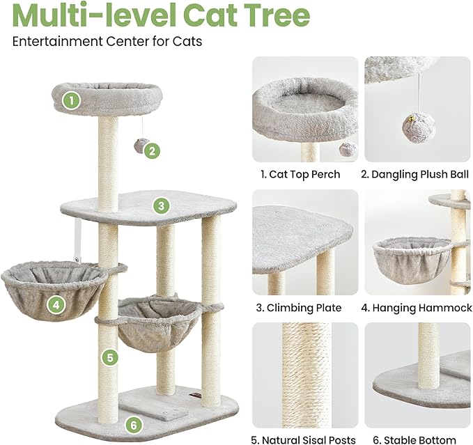Cat Tree Tower for Indoor Cats Large Adult - 42 Inch Small Cats Condo Bed with Scratching Post Hammock Perch - Medium Multi Level Cat House for 2 Kitty Kitten - Grey Tall Climbing Towers Furniture