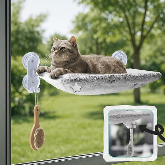 Cordless Cat Window Perch for Large Cats, Glow in The Dark Fabric Cat Hammock for Window with 4 Strong Suction Cups, Easy to Assemble, Foldable Window Seat for Cats Inside, Gray L