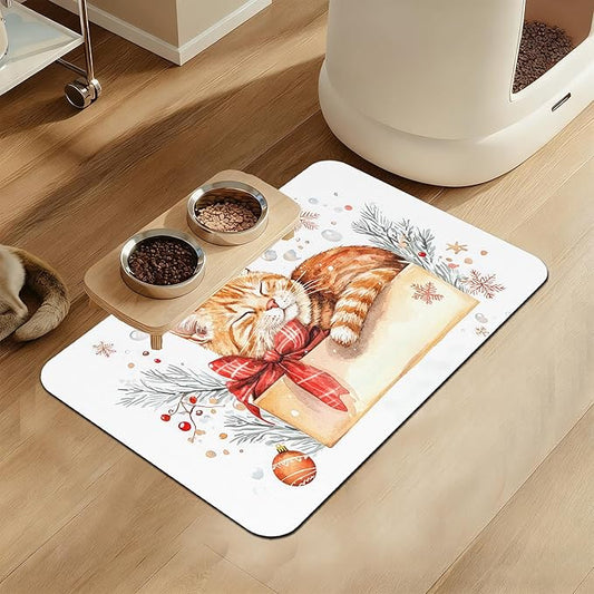 Cat Dog Cat Food Mat–Absorbent Waterproof Placemat for Food and Water Bowls, Non Slip Rubber Backing, Feeding Mat for Clean Floors 12"x20"