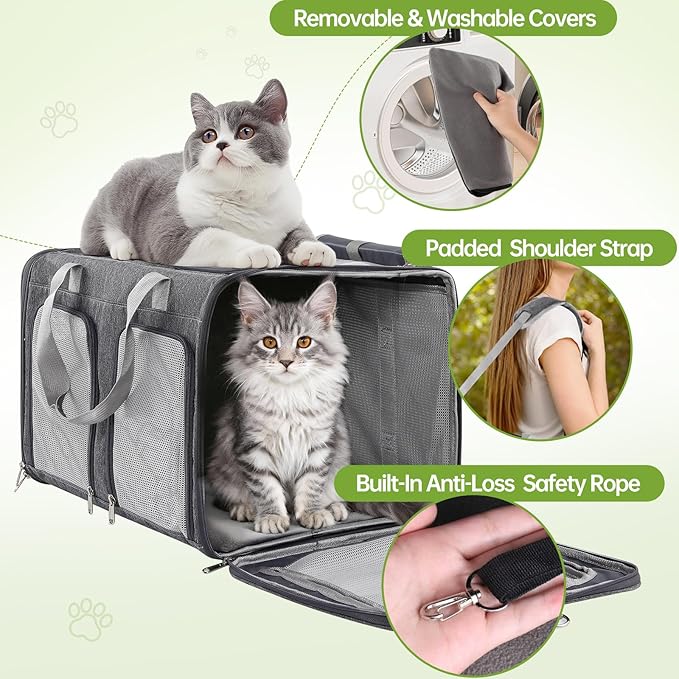 Cat Carrier for 2 Cats - Double Pet Carrier Extra Large, Dual Cabin Multi Cat Travel Carrier with Removable Divider, Collapsible, Can Hold 20 30 40 lbs for Two Small Kitten, a Medium Dog Gray