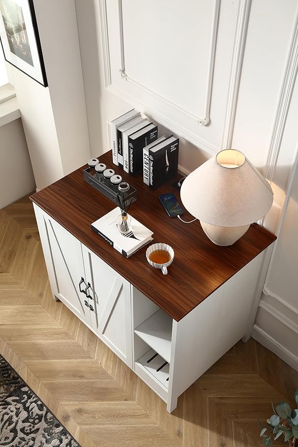 Large Cat Litter Enclosure with Litter Collector, Enclosure for self-Cleaning Litter Boxes,Adjustable Shelf for Dog Proof,Charging Station,Locks Added for cat,Cat House,Antique White