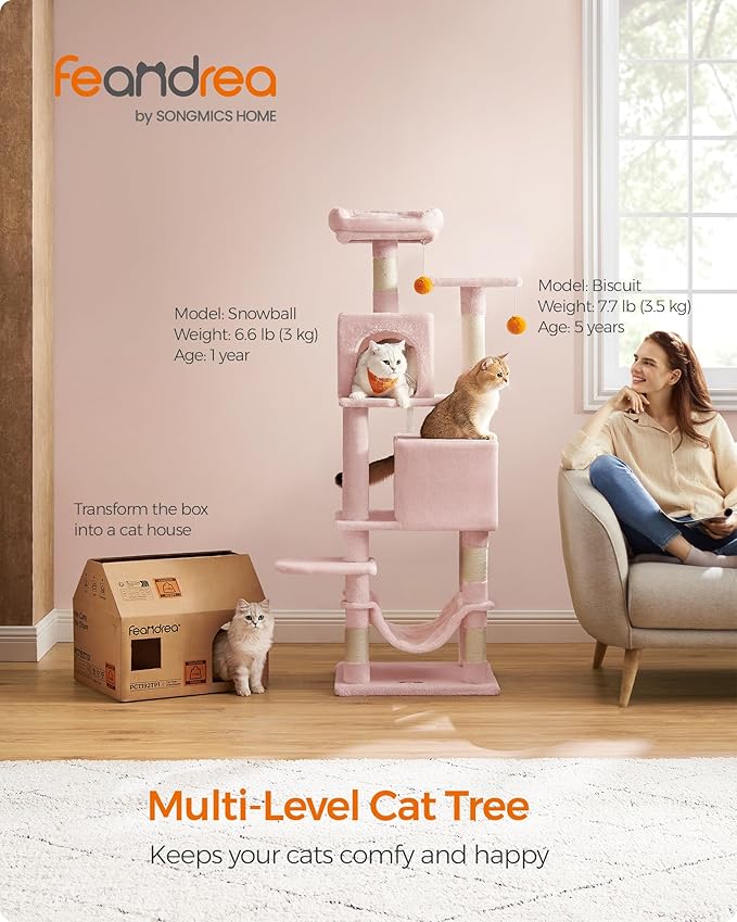 Feandrea Cat Tree, 61-Inch Cat Tower for Indoor Cats, Plush Multi-Level Cat Condo with 5 Scratching Posts, 2 Perches, 2 Caves, Hammock, 2 Pompoms, Jelly Pink UPCT192P01