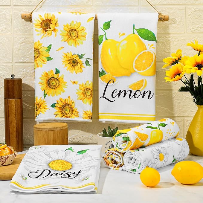 TecUnite 6 Pcs Sunflower Kitchen Towels Lemon Daisy Flower Dishtowels 24 x 16 Inches Floral Absorbent Fast Drying Farmhouse Hand Towels for Christmas Bathroom Gifts Decorations