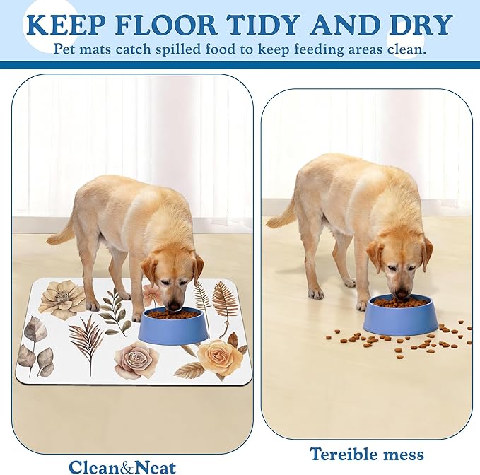 Floral Palm Leaves Dog Cat Food Mat–Absorbent Waterproof Placemat for Food and Water Bowls, Non Slip Rubber Backing, Feeding Mat for Clean Floors 12"x20"