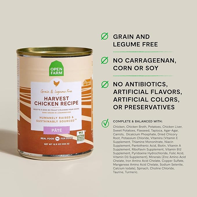 Open Farm Canned Dog Food, Pate for Complete & Balanced Nutrition, Grain Free and Legume-Free, Harvest Chicken Recipe, 12.5oz Cans (Pack of 12)