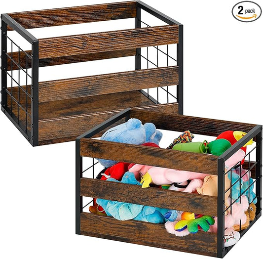 CADUKE Dog Toy Bin Set of 2, Metal Dog Toy Storage Baskets with Handles, Large Dog Toy Box, Durable Doy Toy Organizer, Perfect for Organizing Chew Toys, Puppy Leash, Accessories