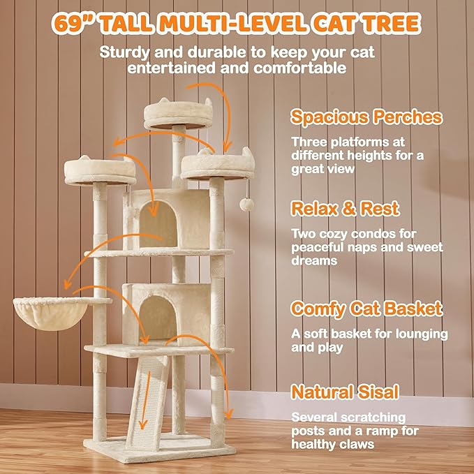 Yaheetech 68.5in Cat Tree Multi-Level Cat Tower with Large Cat Condo＆Cozy Perches Stable Pet Play House w/Sisal-Covered Scratching Posts＆Board for Indoor Cats, Beige