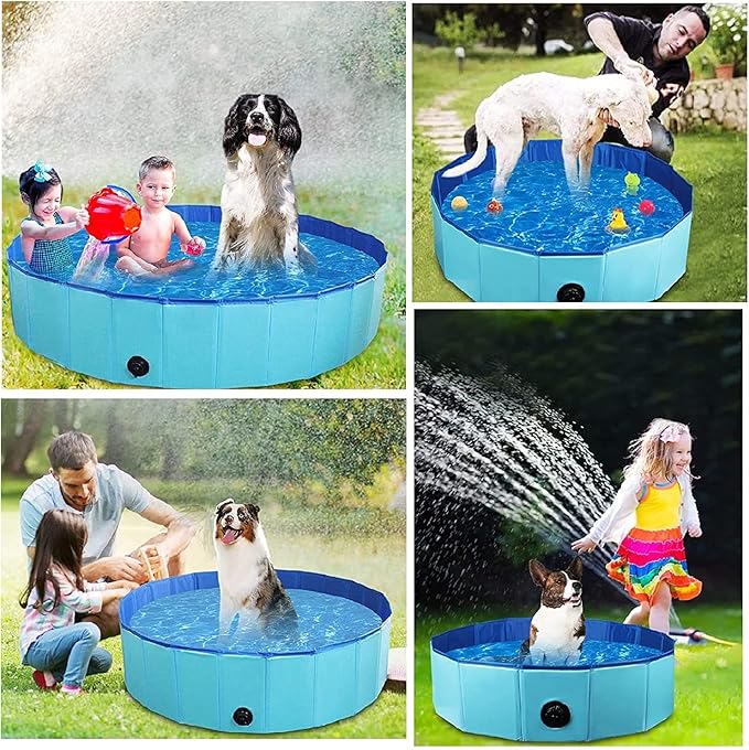 Foldable Pet Dog Kids Swimming Pool(32'' x 8''),Plastic Anti-Slip PVC Bathing Tub Swimming Pool Durable Fiberboard Kiddie Pool Blue