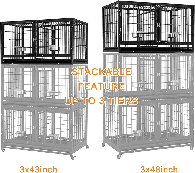 48/43 inch Heavy Duty Dog Crate for Large Dogs, Stackable Dog Kennels and Metal Wire Cages with Feeding Bowls, Leak-Proof Pans, Removable Wire Trays and Divider, Extra Large XL XXL