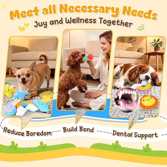 KIPRITII Whimsical Squeaky Dog Toys for Small Dogs & Puppies – Plush Toys Pack with Storage Bag, 9 Pcs Stuffed Puppy Chew Toys with Squeakers to Relieve Boredom