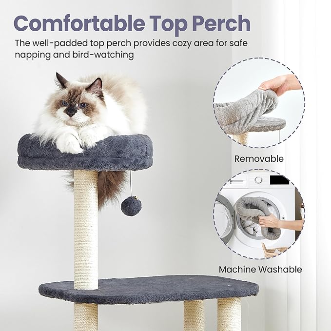Cat Tree Tower for Indoor Cats Large Adult - 42 Inch Small Cats Condo Bed with Scratching Post Hammock Perch - Medium Multi Level Cat House for 2 Kitty Kitten - Grey Tall Climbing Towers Furniture