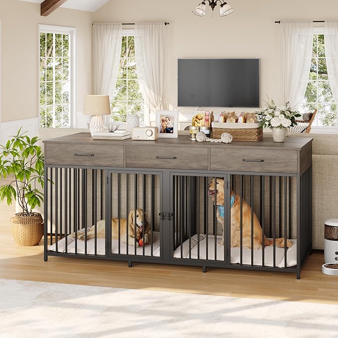 HOSTACK Double Dog Crates Furniture, 71" Wide Indoor Dog Kennel with 3 Drawers, Farmhouse Dog Cage for 2 Large/Medium Dogs, Heavy Duty Dog Crate with Removable Divider, Wooden Pet House, Ash Grey