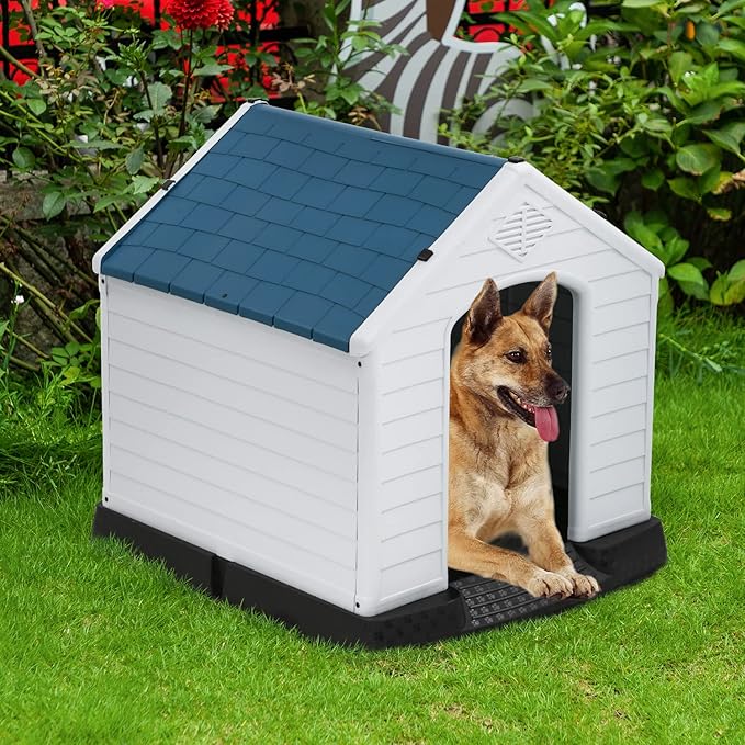 FDW Dog House Indoor Outdoor Durable Ventilate Waterproof Pet Plastic Dog House for Small Medium Large Dogs Insulated Puppy Shelter Kennel Crate with Air Vents and Elevated Floor