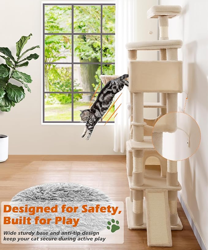 AMHANCIBLE Heavy Duty Cat Tree for Indoor Cats Large Adult 20 lbs+, 83 Inch Multi-Level Tall Cat Tower with Scratching Post and Board, Hammock, Condos, Hanging Basket, Beige, PT21BG