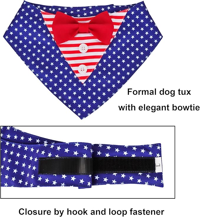 ADOGGYGO American Flag Dog Tuxedo Bandana, Red Blue Pet Tux with Bowtie Adjustable 4th of Julty Bandana Costume for Large Dogs Pets (L)