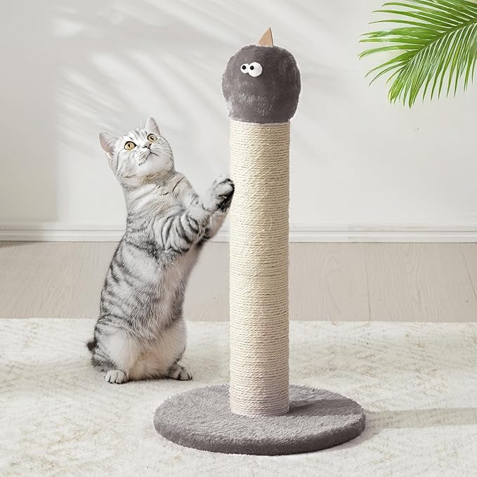 Indoor Cat Scratching Post: 22 in Tall Cat Scratcher with Natural Sisal Rope, Cute Monster Design Kitty Pet Tower with Sturdy Wood Base, Great Gift for Small and Large Kittens, Grey