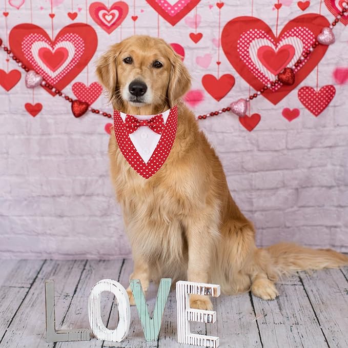 ADOGGYGO Valentine Dog Tuxedo Bandana, Red Heart Pet Tux with Bowtie Adjustable Valentine Costume for Medium Large Dogs Pets (L)