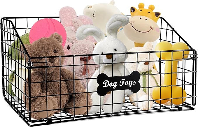 Large Dog Toy Basket, Metal Dog Toy Bin, Mesh Wire Basket with Wooden Handles, Toy Box for Living Room Area, Dog Toys Box, Pet Toys for Dog Cat, Sturdy Dog Basket for Dog Leash,Blanket,Toys,Snacks