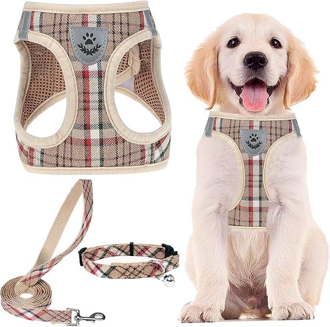 PUPTECK Adjustable Dog Harness Collar and Leash Set Step in No Pull Pet Harness for Small Medium Dogs Puppy and Cats Outdoor Walking Running, Soft Mesh Padded Reflective Vest Harnesses, Khaki S